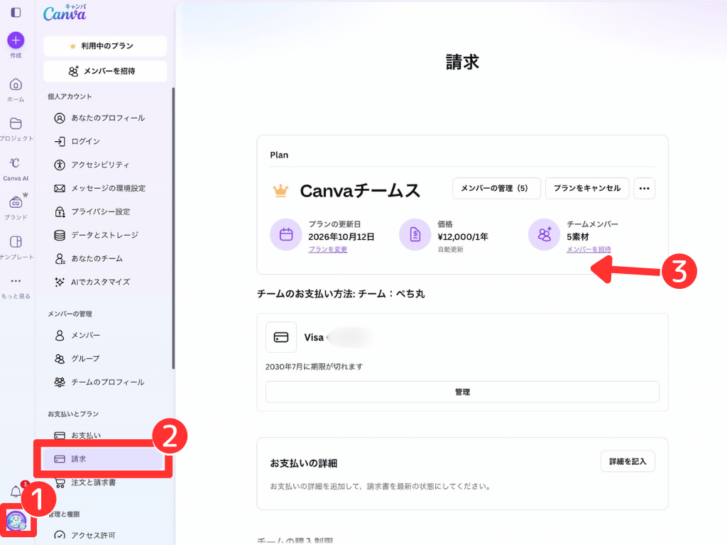 Canva チーム 契約期間 確認