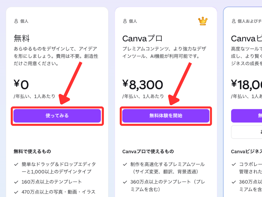 Canvaの始め方 料金画面クリック